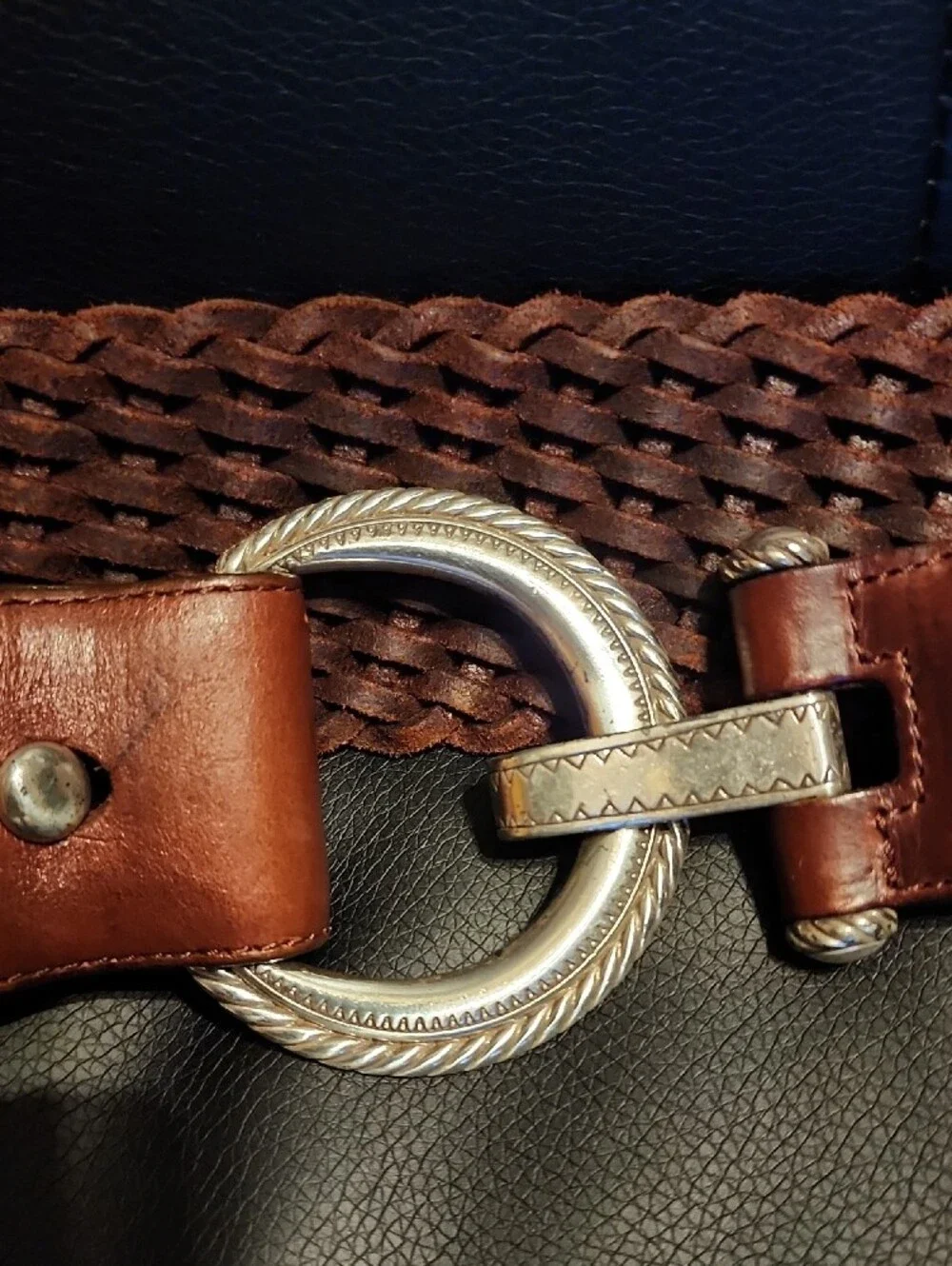 Brighton Brown Woven Leather Belt with Silver Ring Buckle